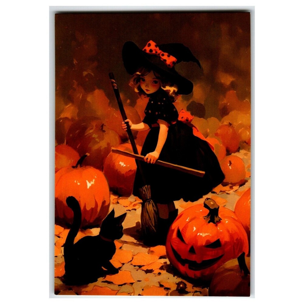 Vintage Halloween Witch Girl Black Cat Pumpkins Postcard Unused